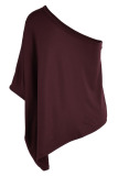 Burgundy Casual Solid Patchwork Asymmetrical Oblique Collar T-Shirts