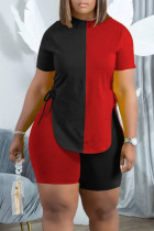 Black Red Casual Solid Bandage Patchwork Asymmetrical O Neck Plus Size Two Pieces