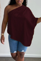 Burgundy Casual Solid Split Joint Asymmetrical Oblique Collar T-Shirts