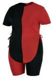 Black Red Casual Solid Bandage Patchwork Asymmetrical O Neck Plus Size Two Pieces