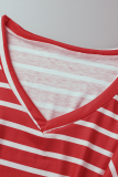 Red Casual Striped Patchwork V Neck Plus Size Two Pieces