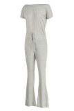 Grey Casual Solid Patchwork One Shoulder Boot Cut Jumpsuits