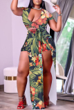 Green Fashion Casual Print Patchwork Slit V Neck Plus Size Two Pieces