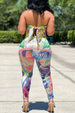 Multicolor Sexy Print Bandage Patchwork Backless Asymmetrical Strapless Sleeveless Two Pieces