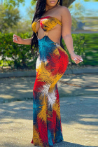 Red Fashion Sexy Print Hollowed Out Backless Strapless Long Dress Dresses