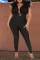 Black Sexy Solid Mesh V Neck Plus Size Jumpsuits