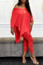 Red Casual Solid Split Joint Asymmetrical V Neck Half Sleeve Two Pieces