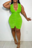 Fluorescent Green Sexy Solid Patchwork Buckle Fold Turndown Collar Pencil Skirt Plus Size Dresses
