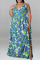 Light Blue Casual Vacation Print Split Joint Backless A Line Plus Size Dresses