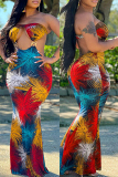Red Fashion Sexy Print Hollowed Out Backless Strapless Long Dress Dresses
