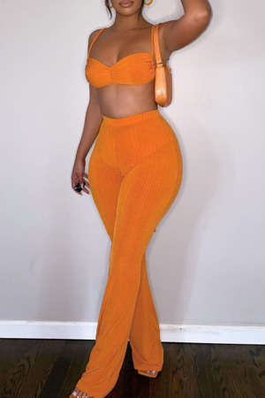 Orange Sexy Casual Solid Backless Vests Spaghetti Strap Sleeveless Two Pieces