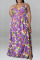 Purple Casual Vacation Print Split Joint Backless A Line Plus Size Dresses