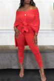 Red Casual Solid Split Joint Asymmetrical V Neck Half Sleeve Two Pieces