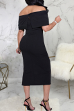 Burgundy Casual Solid High Opening Off the Shoulder Pencil Skirt Dresses