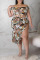 Brownness Sexy Print Bandage Split Joint Slit Off the Shoulder Plus Size Two Pieces