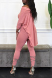 Pink Casual Solid Split Joint Asymmetrical V Neck Half Sleeve Two Pieces