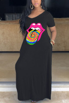 Black Fashion Sexy adult Ma'am V Neck Print Pattern Plus Size