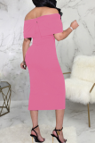 Pink Casual Solid High Opening Off the Shoulder Pencil Skirt Dresses