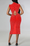 Red Sexy Patchwork Hot Drilling Hollowed Out See-through Slit Half A Turtleneck Sleeveless Dress