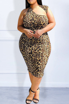 Leopard Print Fashion Casual Print Leopard Split Joint Oblique Collar Sleeveless Dress Plus Size Dresses