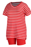 Red Casual Striped Patchwork V Neck Plus Size Two Pieces