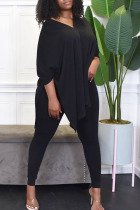 Black Casual Solid Split Joint Asymmetrical V Neck Half Sleeve Two Pieces