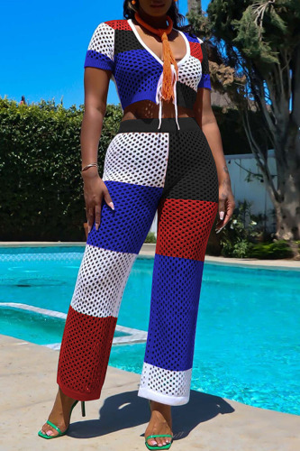 Black Casual Print Bandage Hollowed Out Patchwork V Neck Short Sleeve Two Pieces