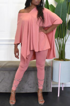 Pink Casual Solid Split Joint Asymmetrical V Neck Half Sleeve Two Pieces