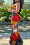 Rose Red Fashion Sexy Print Hollowed Out Backless Strapless Long Dress Dresses