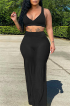 Black Sexy Casual Solid Vests Pants V Neck Sleeveless Two Pieces