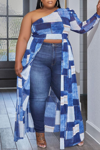 Blue Casual Plaid Print Patchwork Asymmetrical Oblique Collar Irregular Dress Plus Size Dresses