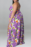 Purple Casual Vacation Print Patchwork Backless A Line Plus Size Dresses
