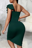 Green Sexy Solid Flounce One Shoulder Pencil Skirt Dresses