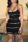 Black Sexy Striped Print Patchwork Spaghetti Strap One Step Skirt Dresses