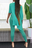 Green Casual Solid Split Joint Asymmetrical V Neck Half Sleeve Two Pieces