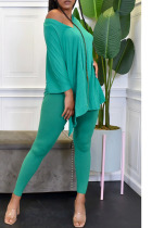 Green Casual Solid Split Joint Asymmetrical V Neck Half Sleeve Two Pieces