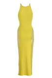 Yellow Sexy Solid Mesh O Neck Pencil Skirt Dresses