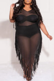 Black Fashion Sexy Plus Size Solid Tassel See-through V Neck Short Sleeve Dress