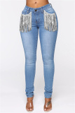 Deep Blue Fashion Casual Solid Tassel Patchwork Mid Waist Skinny Denim Jeans
