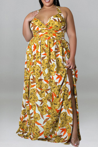 Yellow Casual Vacation Print Patchwork Backless A Line Plus Size Dresses
