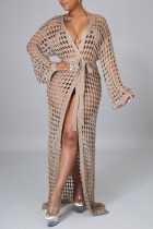 Brown Sexy Solid Bandage Hollowed Out Patchwork Swimwears Cover Up