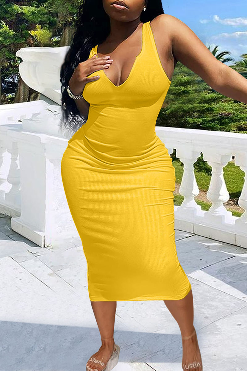 Yellow Sexy Solid Patchwork Spaghetti Strap One Step Skirt Dresses Casual Dresses