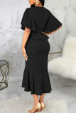 Black Elegant Solid Patchwork Flounce O Neck Irregular Dress Dresses