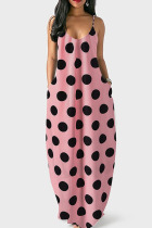 Pink Sexy Casual Dot Print Backless Spaghetti Strap Long Dress