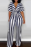 Black Casual Striped Print Patchwork Knotted V Neck Straight Jumpsuits