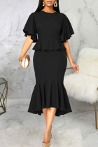 Black Elegant Solid Split Joint Flounce O Neck Irregular Dress Dresses