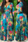 Blue Fashion Casual Print Bandage Patchwork V Neck Long Sleeve Plus Size Dresses