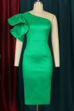 Green Elegant Solid Patchwork Oblique Collar Evening Dress Dresses