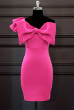 Fuchsia Fashion Sexy Patchwork Backless With Bow One Shoulder Evening Dress