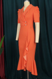 Tangerine Casual Elegant Solid Patchwork Buttons Flounce Asymmetrical Turn-back Collar Straight Dresses